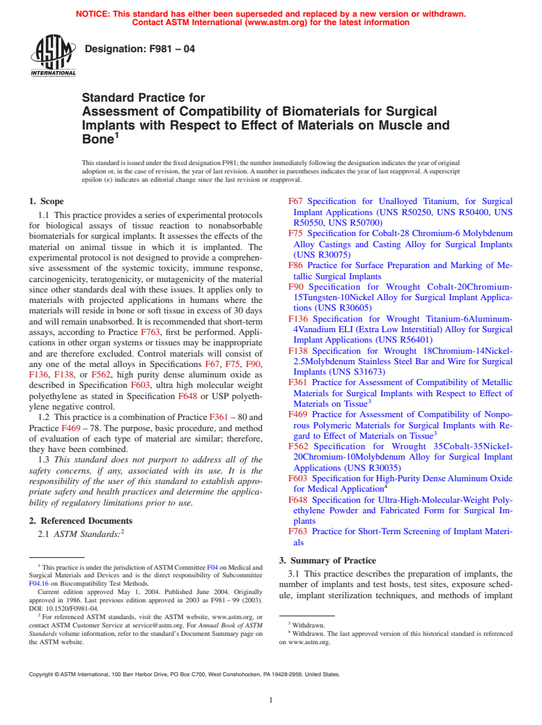 ASTM F981-04 - Standard Practice for Assessment of Compatibility of Biomaterials for Surgical Implants with Respect to Effect of Materials on Muscle and Bone