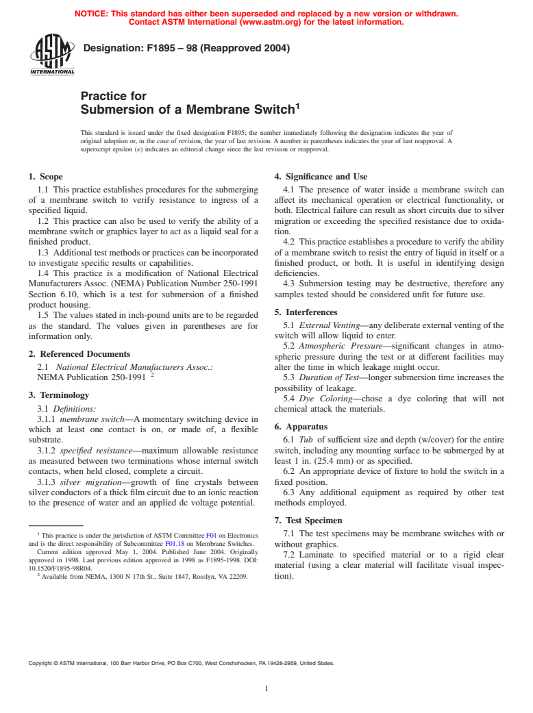 ASTM F1895-98(2004) - Practice for Submersion of a Membrane Switch