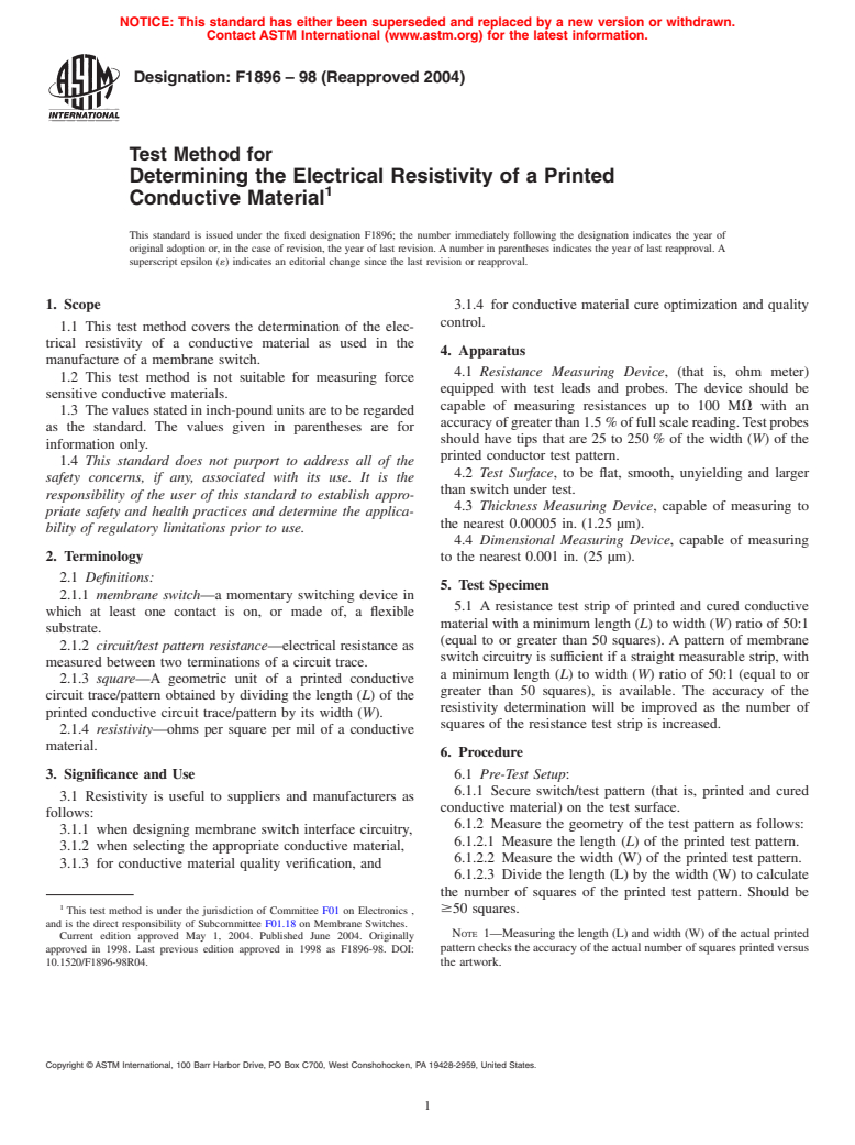 ASTM F1896-98(2004) - Test Method for Determining the Electrical Resistivity of a Printed Conductive Material