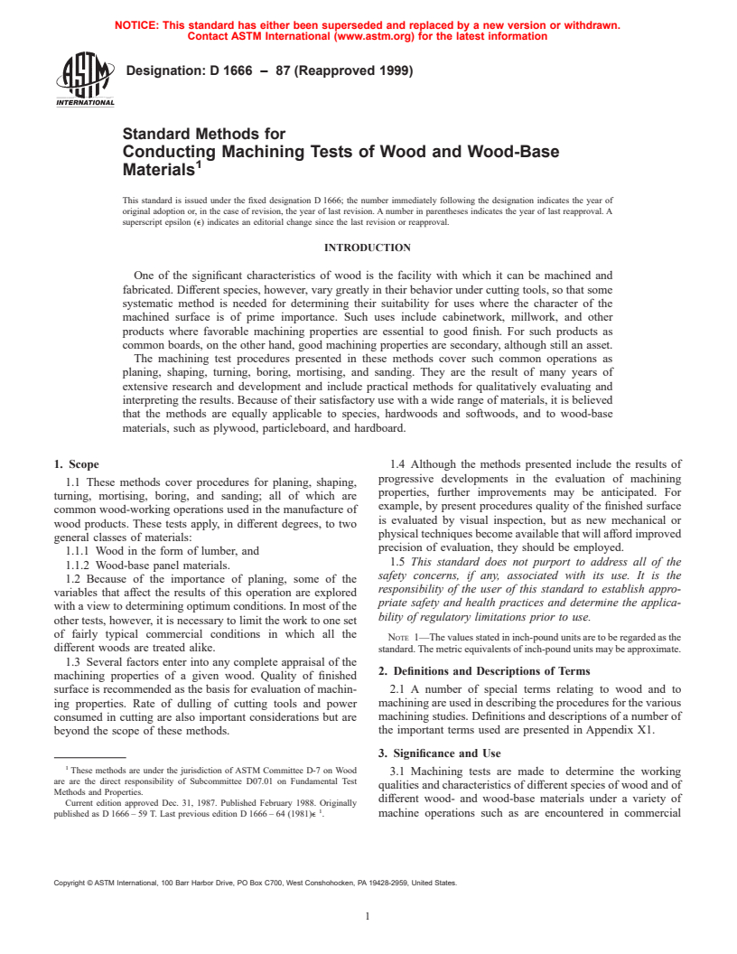 ASTM D1666-87(1999) - Standard Methods for Conducting Machining Tests of Wood and Wood-Base Materials