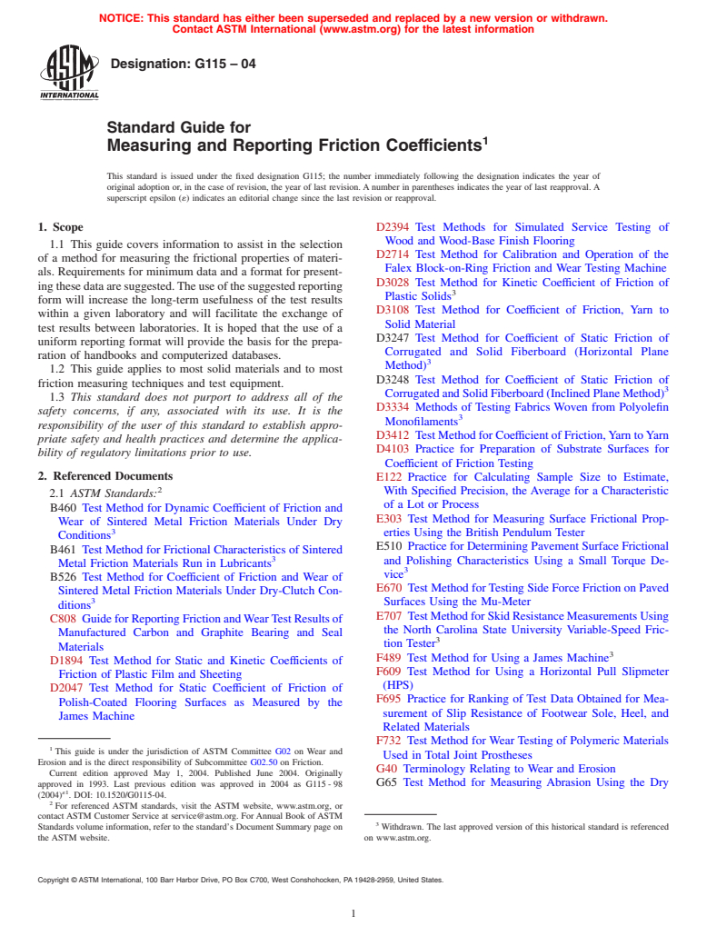 ASTM G115-04 - Standard Guide for Measuring and Reporting Friction Coefficients