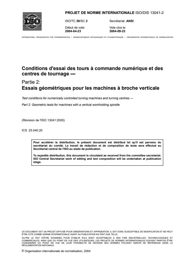 ISO/CD 13041-2 - Conditions d'essai des tours à commande numérique et des centres de tournage