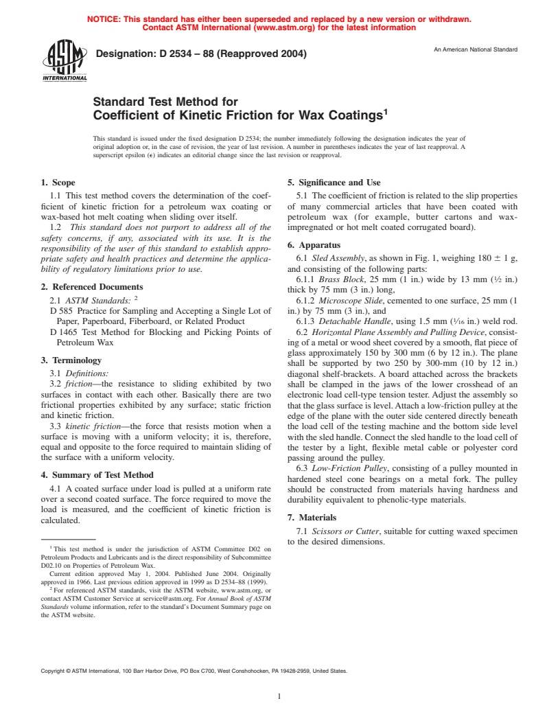 ASTM D2534-88(2004) - Standard Test Method for Coefficient of Kinetic Friction for Wax Coatings