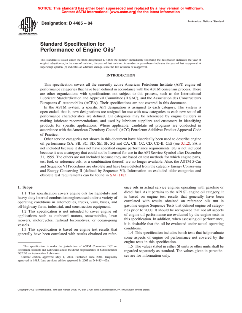 ASTM D4485-04 - Standard Specification for Performance of Engine Oils