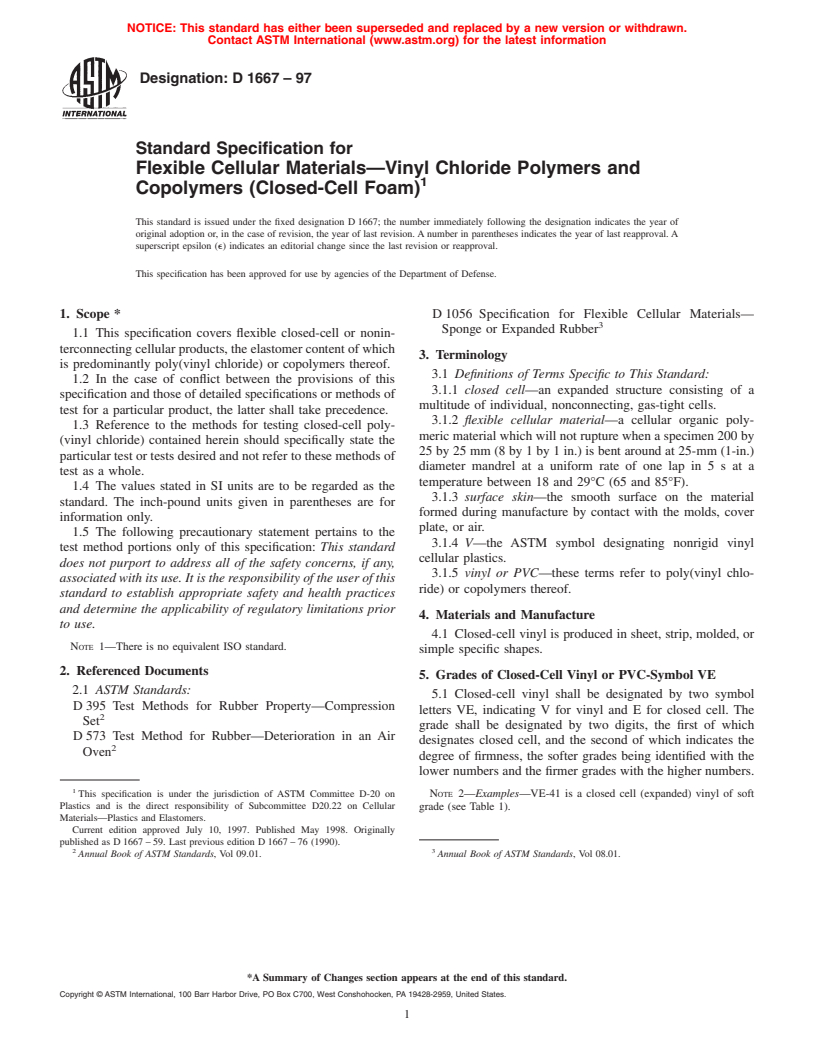 ASTM D1667-97 - Standard Specification for Flexible Cellular Materials-Vinyl Chloride Polymers and Copolymers (Closed-Cell Foam)