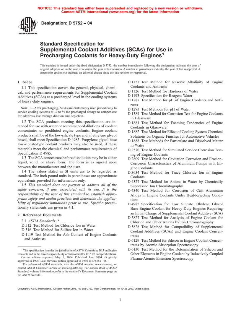 ASTM D5752-04 - Standard Specification for Supplemental Coolant Additives (SCAs) for Use in Precharging Coolants for Heavy-Duty Engines