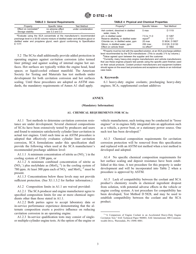 ASTM D5752-04 - Standard Specification for Supplemental Coolant Additives (SCAs) for Use in Precharging Coolants for Heavy-Duty Engines