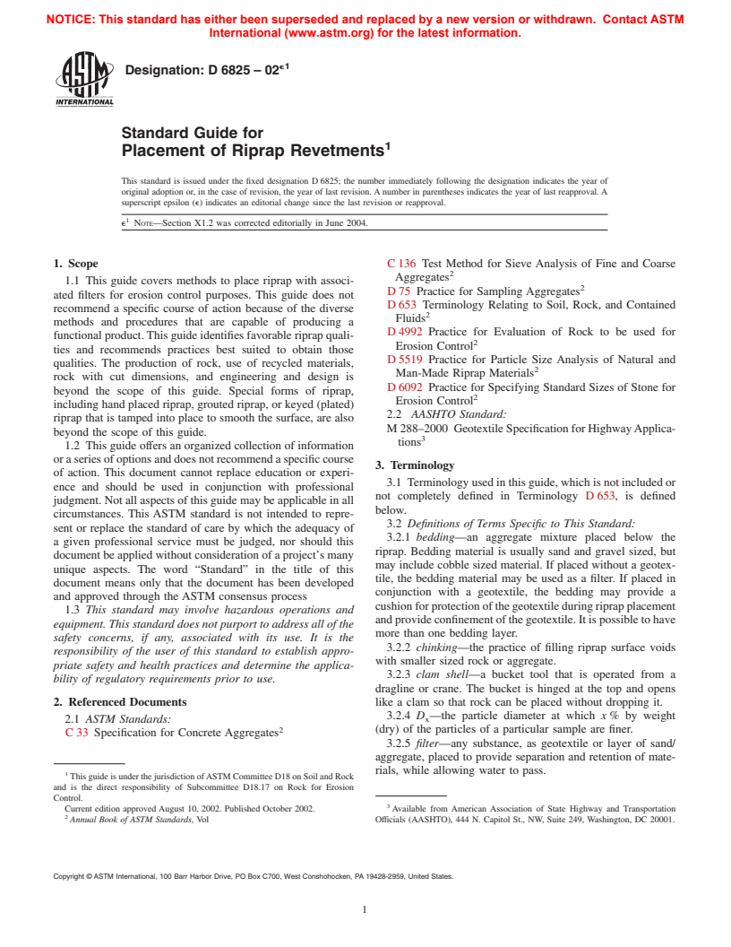 ASTM D6825-02e1 - Standard Guide for Placement of Riprap Revetments