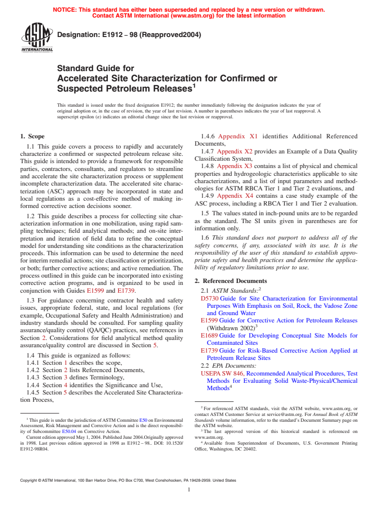 ASTM E1912-98(2004) - Standard Guide for Accelerated Site Characterization for Confirmed or Suspected Petroleum Releases (Withdrawn 2013)