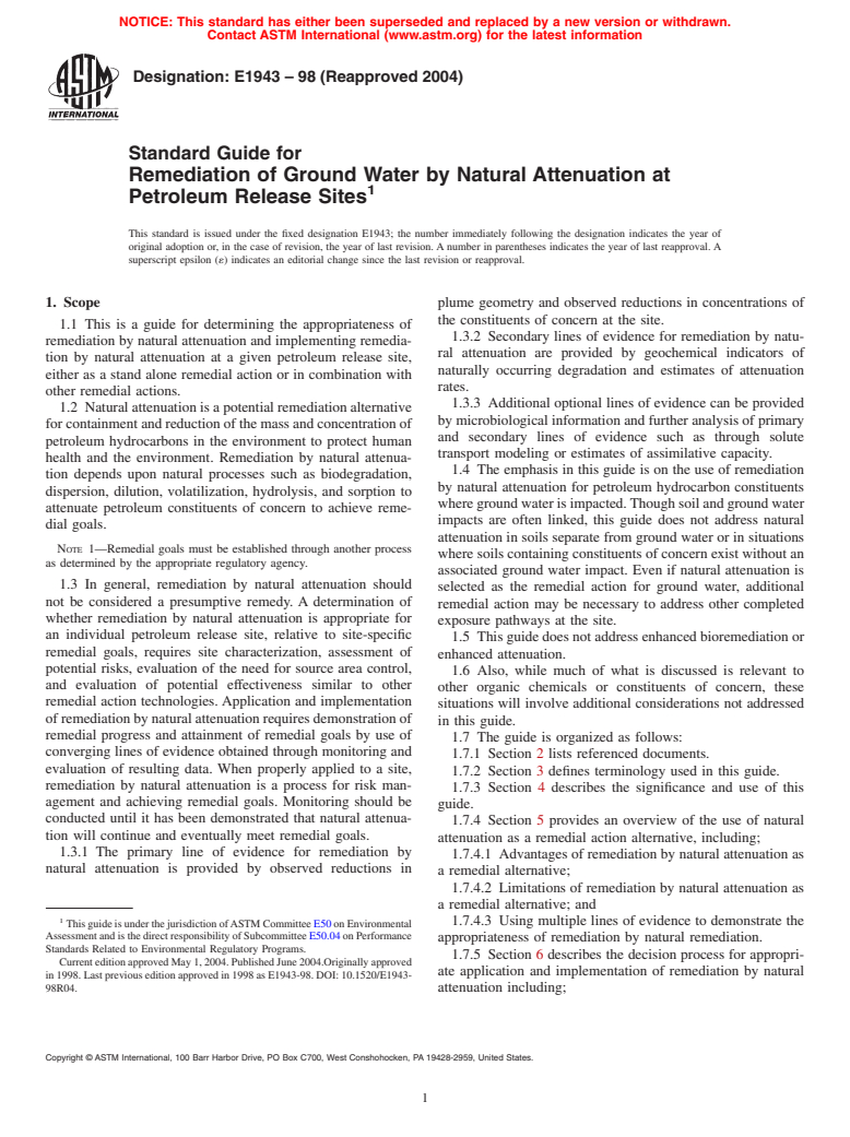 ASTM E1943-98(2004) - Standard Guide for Remediation of Ground Water by Natural Attenuation at Petroleum Release Sites