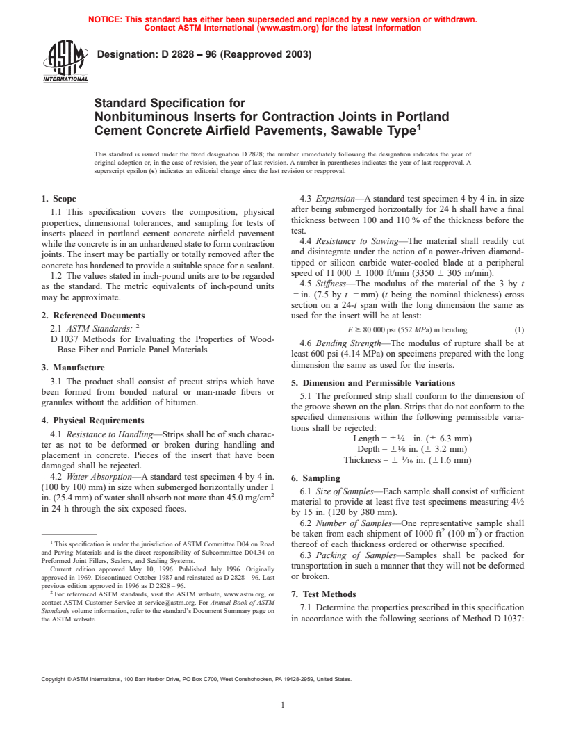 ASTM D2828-96(2003) - Standard Specification for Nonbituminous Inserts for Contraction Joints in Portland Cement Concrete Airfield Pavements, Sawable Type (Withdrawn 2004)