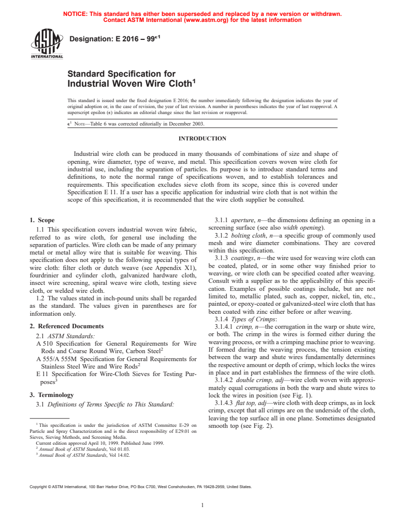 ASTM E2016-99e1 - Standard Specification for Industrial Woven Wire Cloth