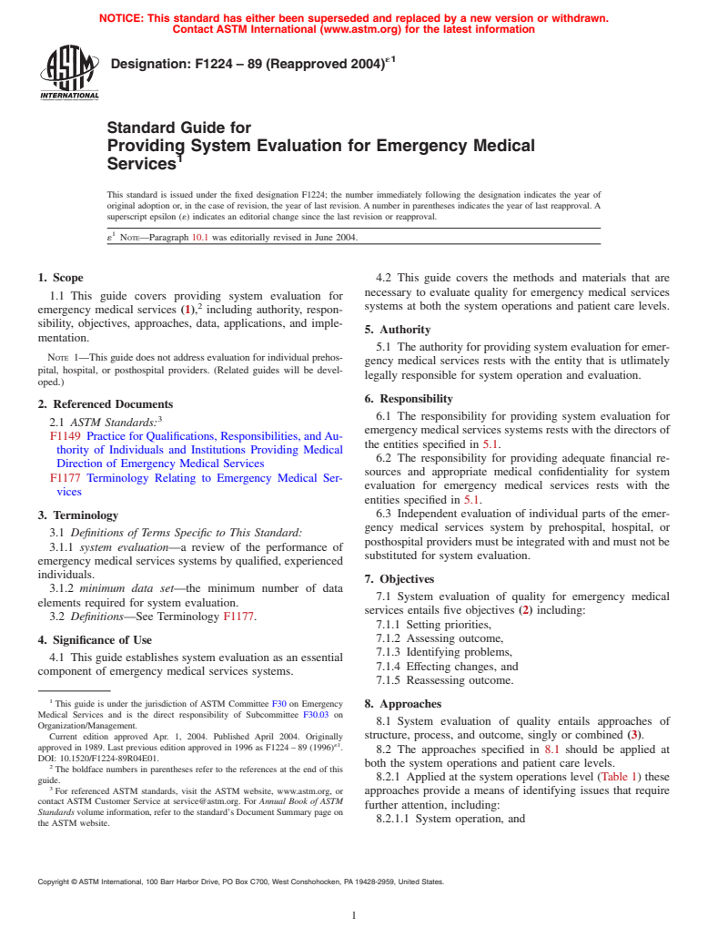 ASTM F1224-89(2004)e1 - Standard Guide for Providing System Evaluation for Emergency Medical Services (Withdrawn 2012)