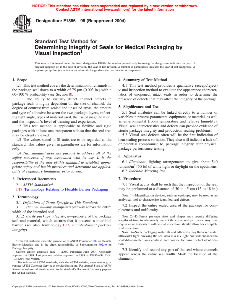 ASTM F1886-98(2004) - Standard Test Method for Determining Integrity of Seals for Medical Packaging by Visual Inspection