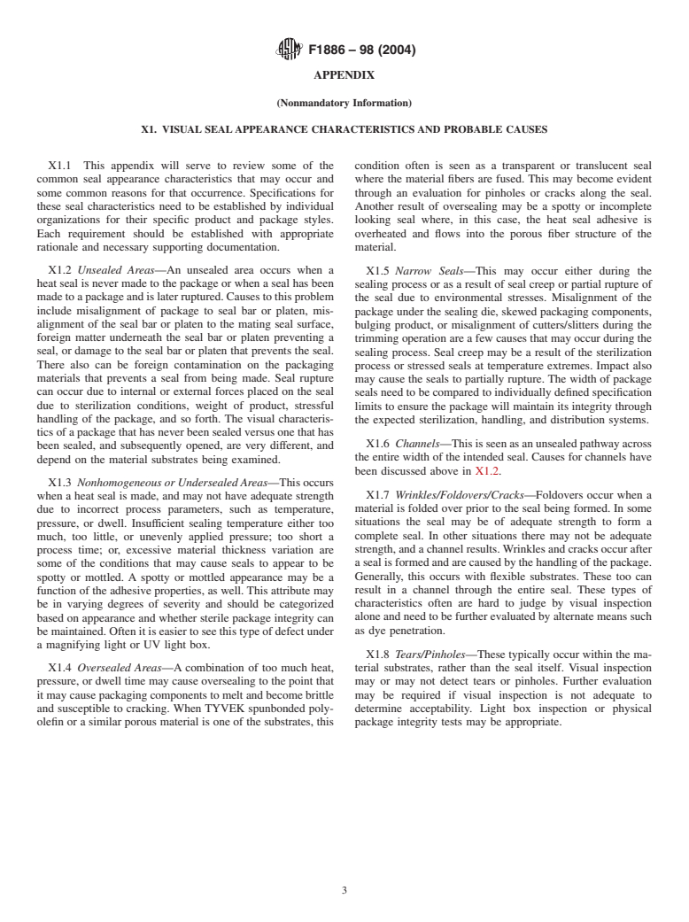 ASTM F1886-98(2004) - Standard Test Method for Determining Integrity of Seals for Medical Packaging by Visual Inspection