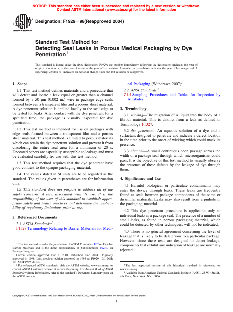 ASTM F1929-98(2004) - Standard Test Method for Detecting Seal Leaks in Porous Medical Packaging by Dye Penetration