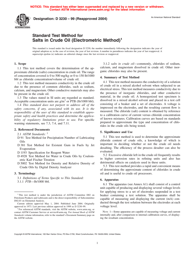 ASTM D3230-99(2004) - Standard Test Method for Salts in Crude Oil (Electrometric Method)