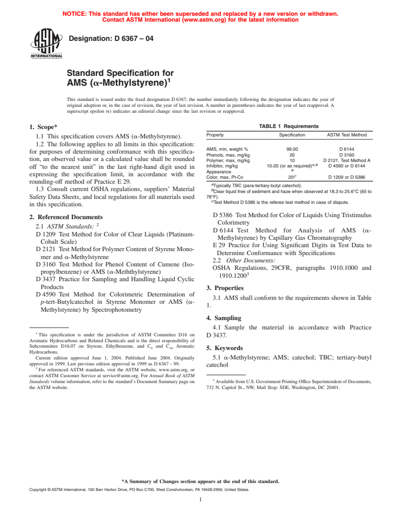 ASTM D6367-04 - Standard Specification for AMS (alpha-Methylstyrene)