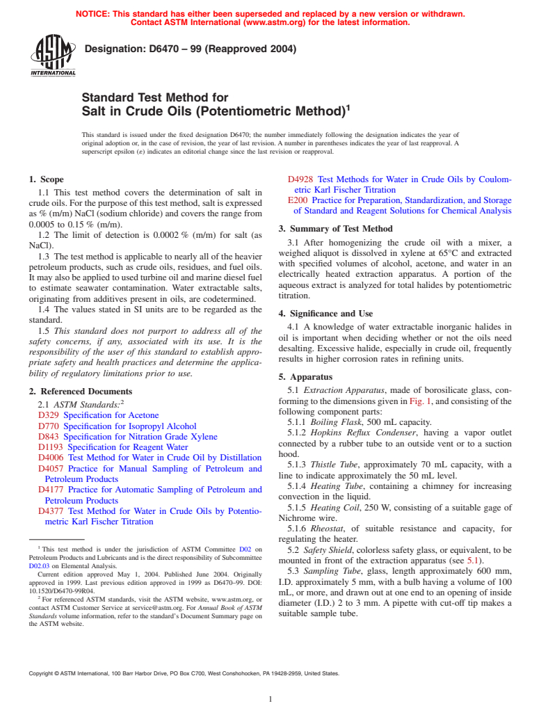 ASTM D6470-99(2004) - Standard Test Method for Salt in Crude Oils (Potentiometric Method)