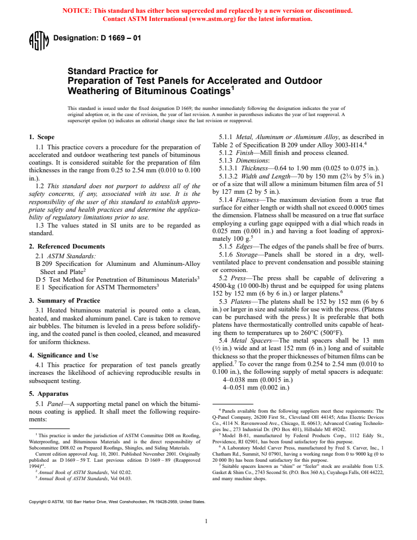 ASTM D1669-01 - Standard Practice for Preparation of Test Panels for Accelerated and Outdoor Weathering of Bituminous Coatings