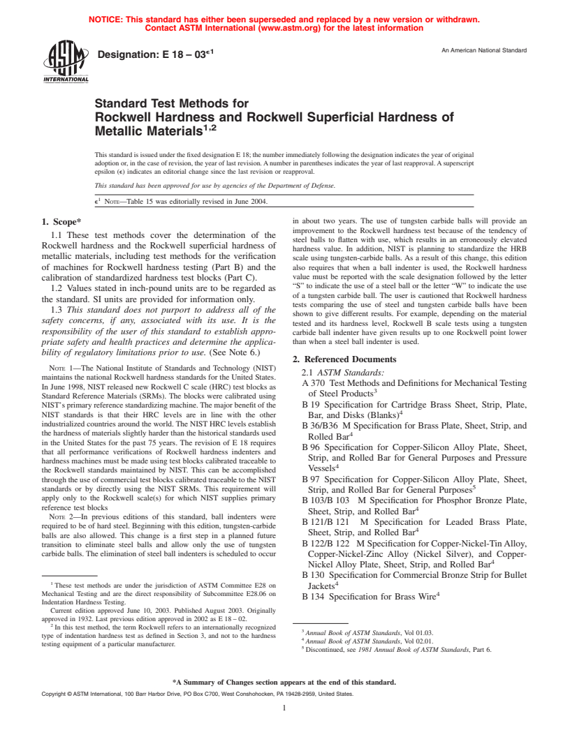 ASTM E18-03e1 - Standard Test Methods for Rockwell Hardness and Rockwell Superficial Hardness of Metallic Materials