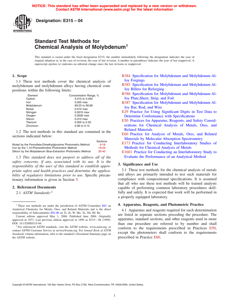 ASTM E315-04 - Standard Test Methods for Chemical Analysis of Molybdenum (Withdrawn 2010)