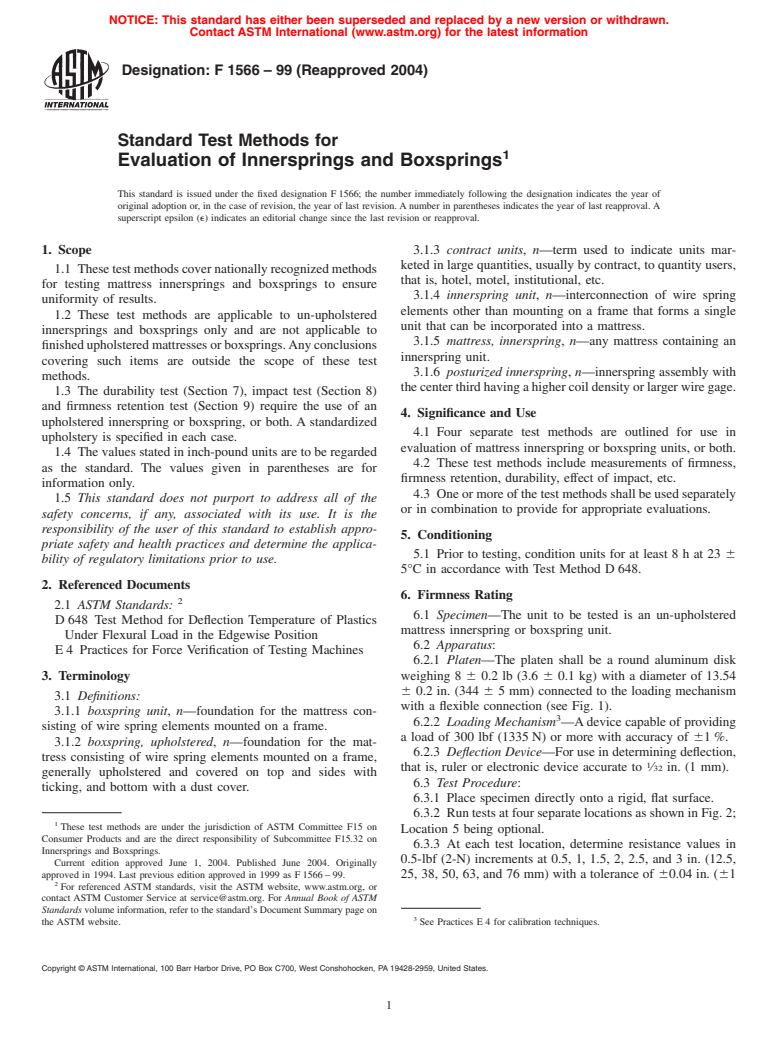 ASTM F1566-99(2004) - Standard Test Methods for Evaluation of Innersprings and Boxsprings