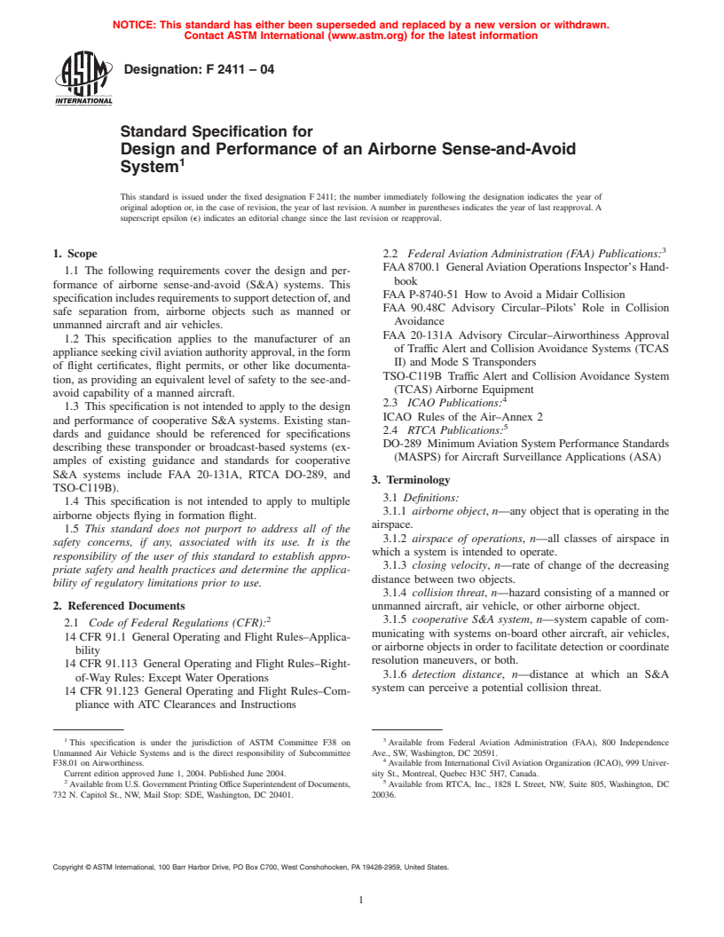 ASTM F2411-04 - Standard Specification for Design and Performance of an Airborne Sense-and-Avoid System