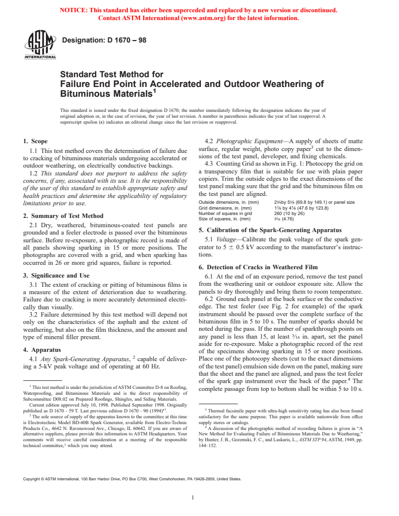 ASTM D1670-98 - Standard Test Method for Failure End Point in Accelerated and Outdoor Weathering of Bituminous Materials