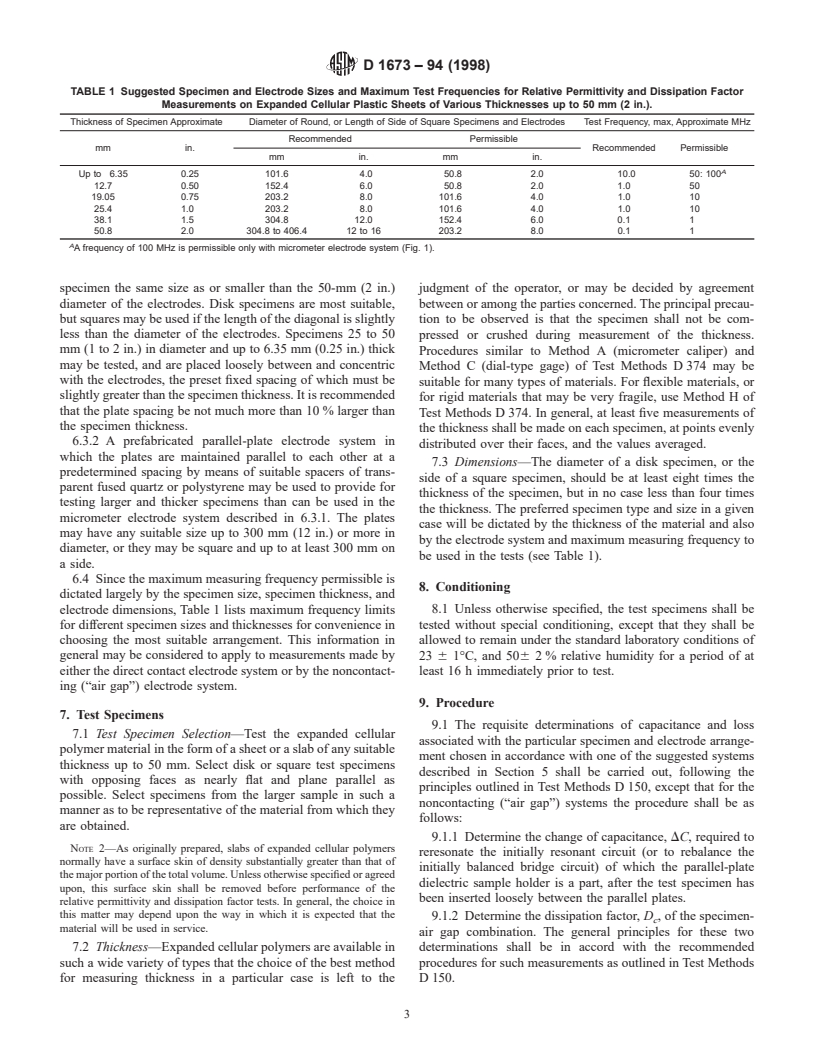 ASTM D1673-94(1998) - Standard Test Methods for Relative Permittivity And Dissipation Factor of Expanded Cellular Polymers Used For Electrical Insulation