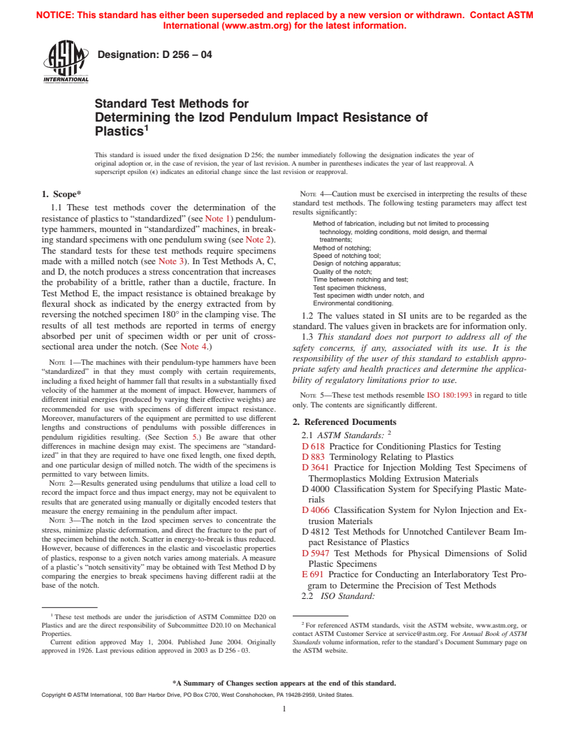 ASTM D256-04 - Standard Test Methods for Determining the Izod Pendulum Impact Resistance of Plastics