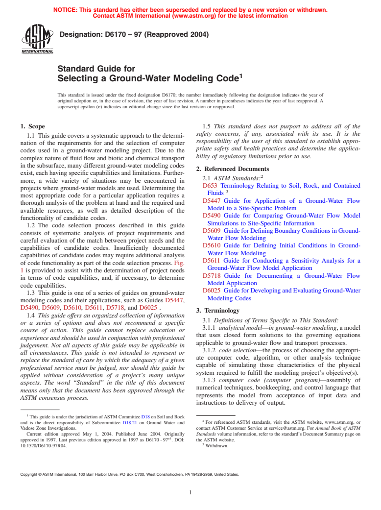 ASTM D6170-97(2004) - Standard Guide for Selecting a Ground-Water Modeling Code