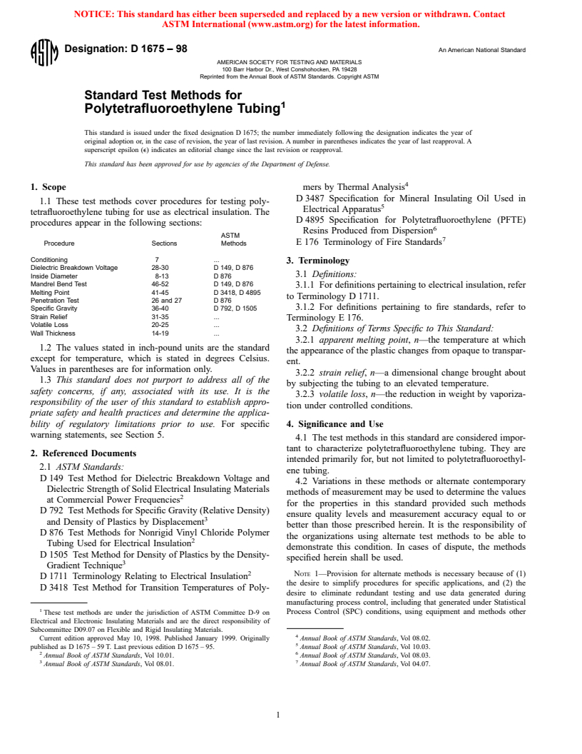 ASTM D1675-98 - Standard Test Methods for Polytetrafluoroethylene Tubing