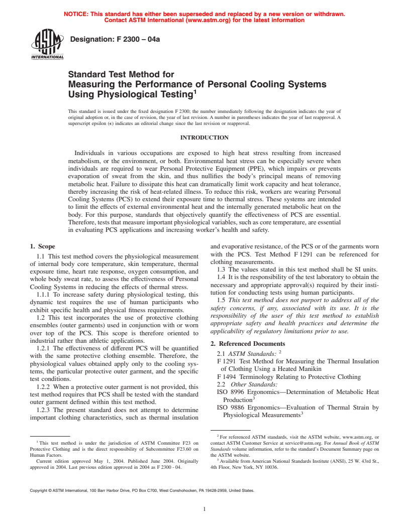 ASTM F2300-04a - Standard Test Method for Measuring the Performance of Personal Cooling Systems Using Physiological Testing