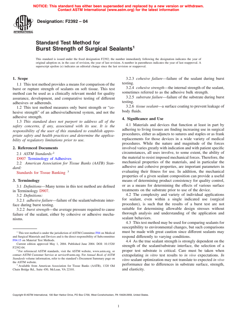 ASTM F2392-04 - Standard Test Method for Burst Strength of Surgical Sealants