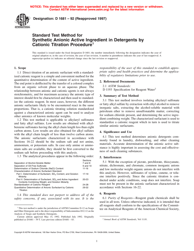 ASTM D1681-92(1997) - Standard Test Method for Synthetic Anionic Active Ingredient in Detergents by Cationic Titration Procedure