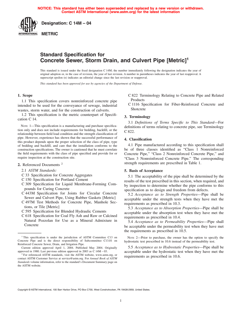 ASTM C14M-04 - Standard Specification for Concrete Sewer, Storm Drain, and Culvert Pipe (Metric)