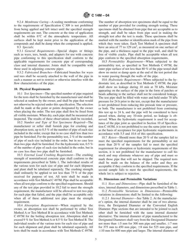 ASTM C14M-04 - Standard Specification for Concrete Sewer, Storm Drain, and Culvert Pipe (Metric)