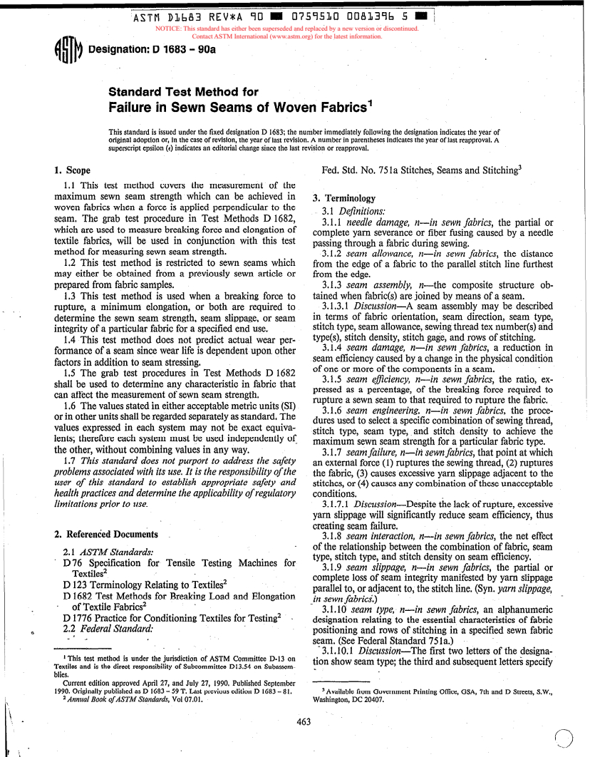 ASTM D1683-90a - Test Method for Failure in Sewn Seams of Woven Fabrics (Withdrawn 1999)