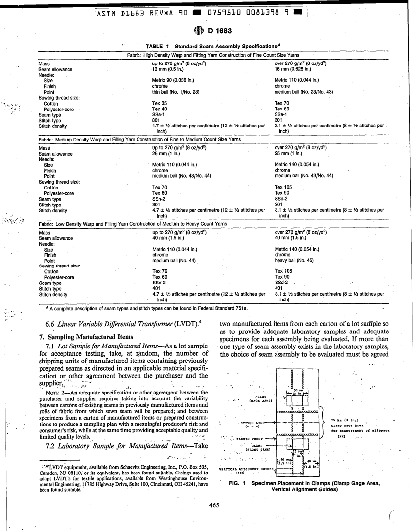 ASTM D1683-90a - Test Method for Failure in Sewn Seams of Woven Fabrics (Withdrawn 1999)