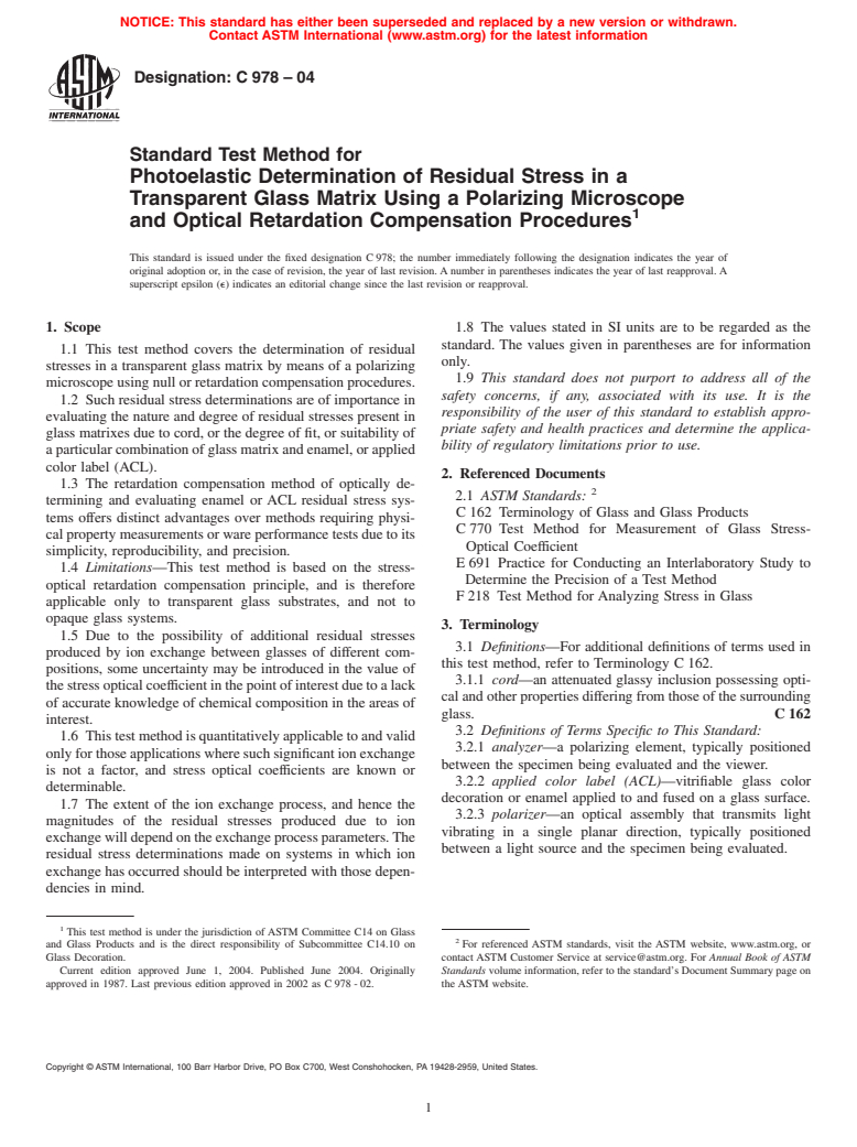 ASTM C978-04 - Standard Test Method for Photoelastic Determination of Residual Stress in a Transparent Glass Matrix Using a Polarizing Microscope and Optical Retardation Compensation Procedures