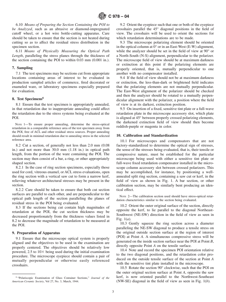 ASTM C978-04 - Standard Test Method for Photoelastic Determination of Residual Stress in a Transparent Glass Matrix Using a Polarizing Microscope and Optical Retardation Compensation Procedures