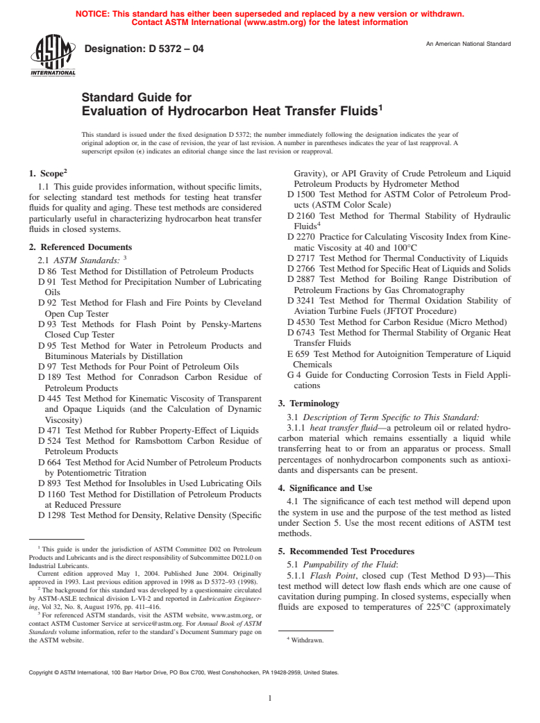 ASTM D5372-04 - Standard Guide for Evaluation of Hydrocarbon Heat Transfer Fluids