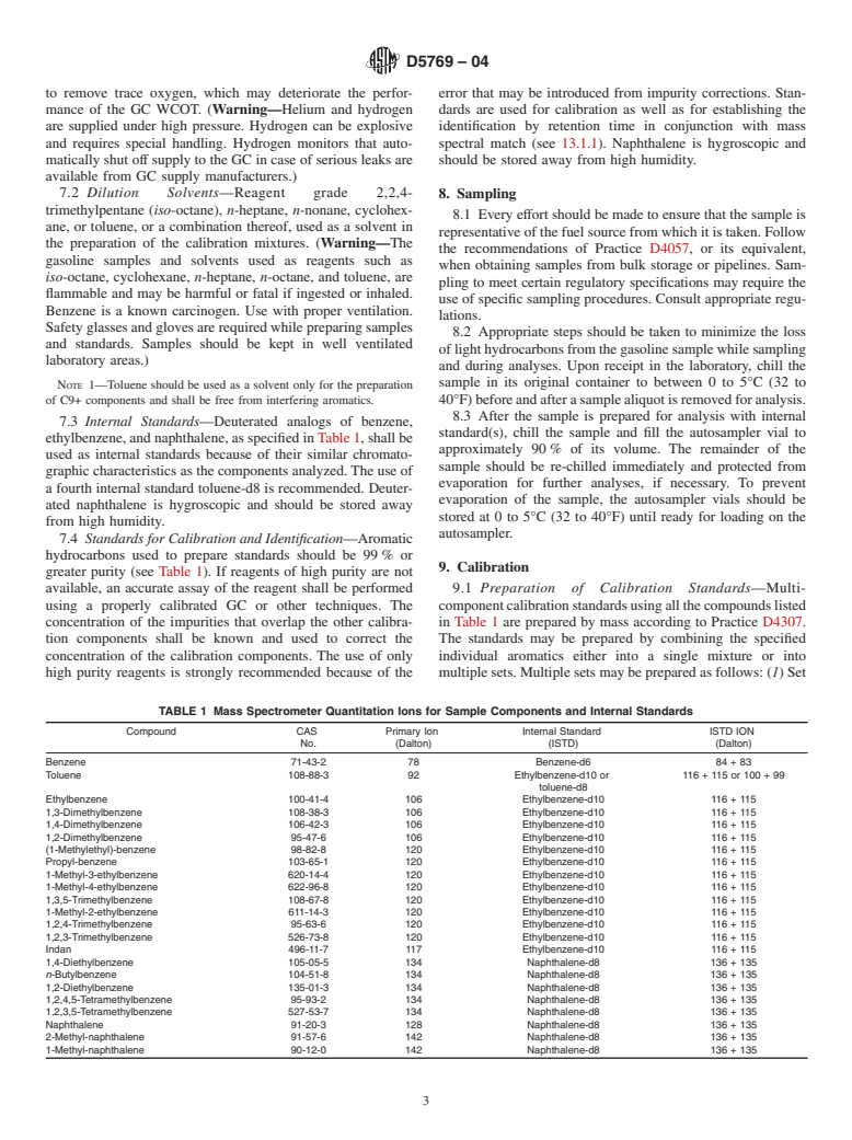 ASTM D5769-04 - Standard Test Method for Determination of Benzene, Toluene, and Total Aromatics in Finished Gasolines by Gas Chromatography/Mass Spectrometry