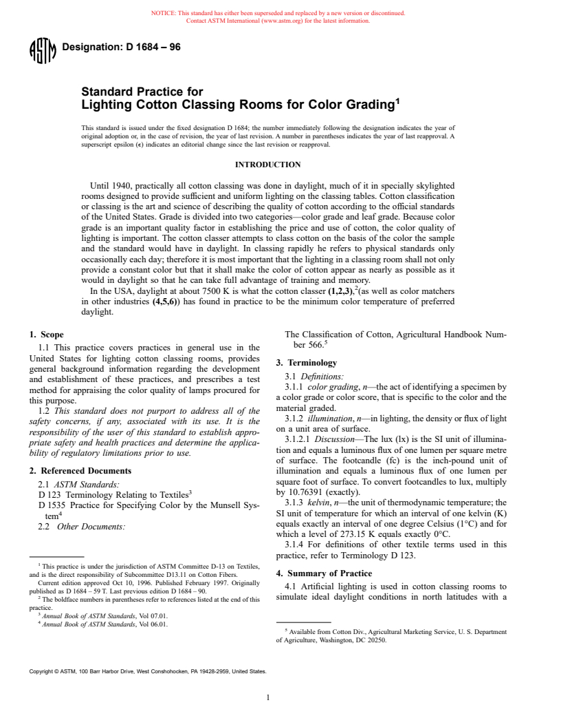 ASTM D1684-96 - Standard Practice for Lighting Cotton Classing Rooms for Color Grading