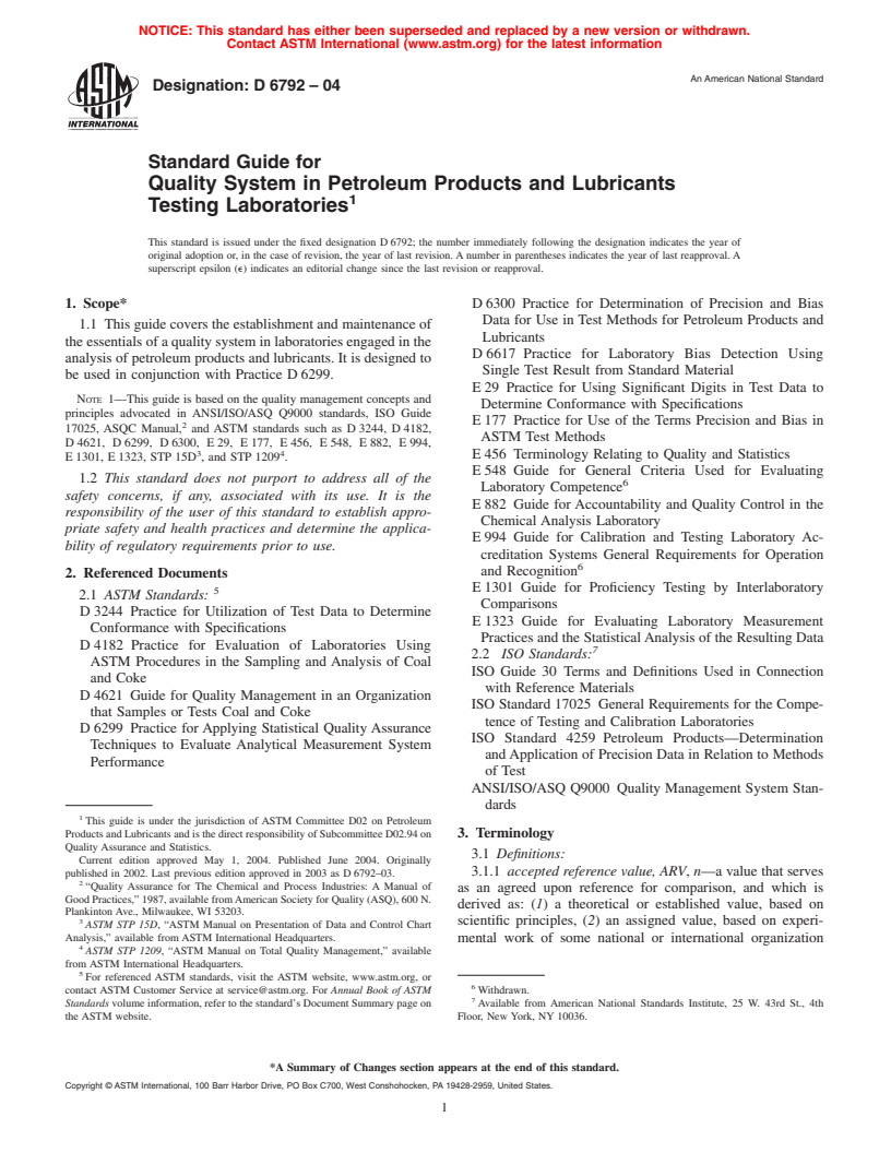 ASTM D6792-04 - Standard Guide for Quality System in Petroleum Products and Lubricants Testing Laboratories