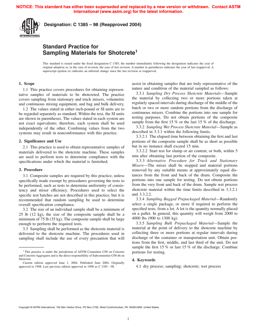 ASTM C1385-98(2004) - Standard Practice for Sampling Materials for Shotcrete