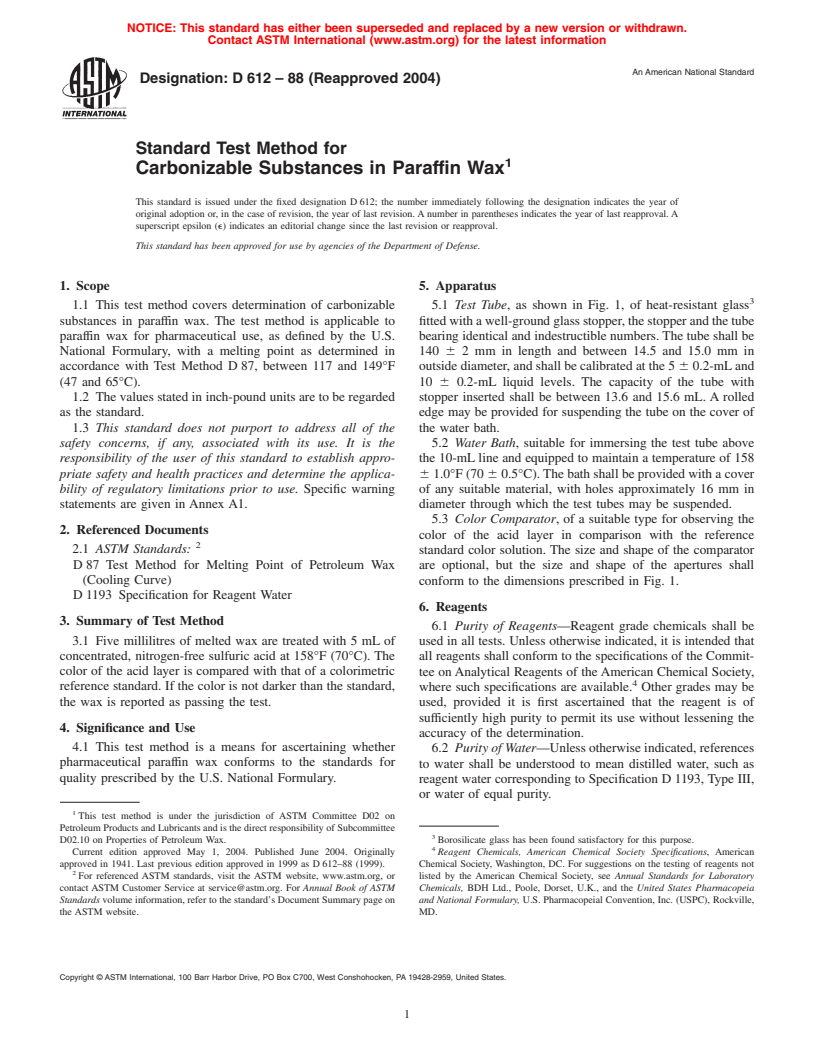 ASTM D612-88(2004) - Standard Test Method for Carbonizable Substances in Paraffin Wax