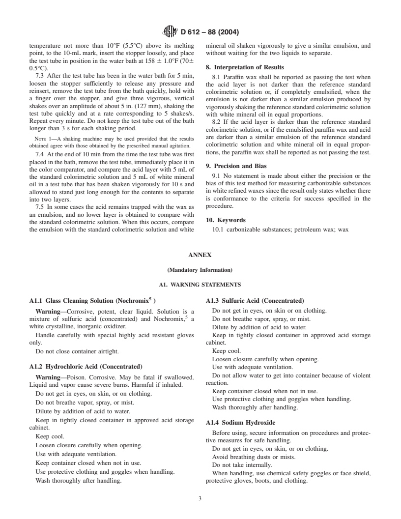 ASTM D612-88(2004) - Standard Test Method for Carbonizable Substances in Paraffin Wax