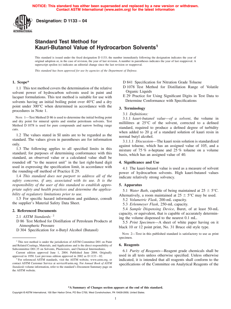 ASTM D1133-04 - Standard Test Method for Kauri-Butanol Value of Hydrocarbon Solvents